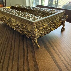 Cherub Angel Footed Tissue Box Vanity Patina Ormolu Flowers Baroque Rococo